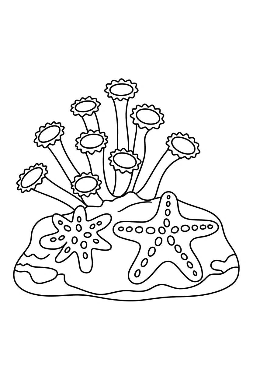 anemones with resting starfish drawing Starfish Coloring Pages