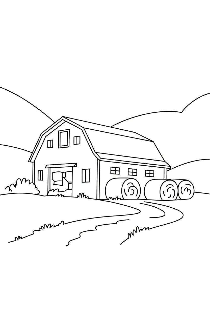 barn reaching hillside slope coloring pages