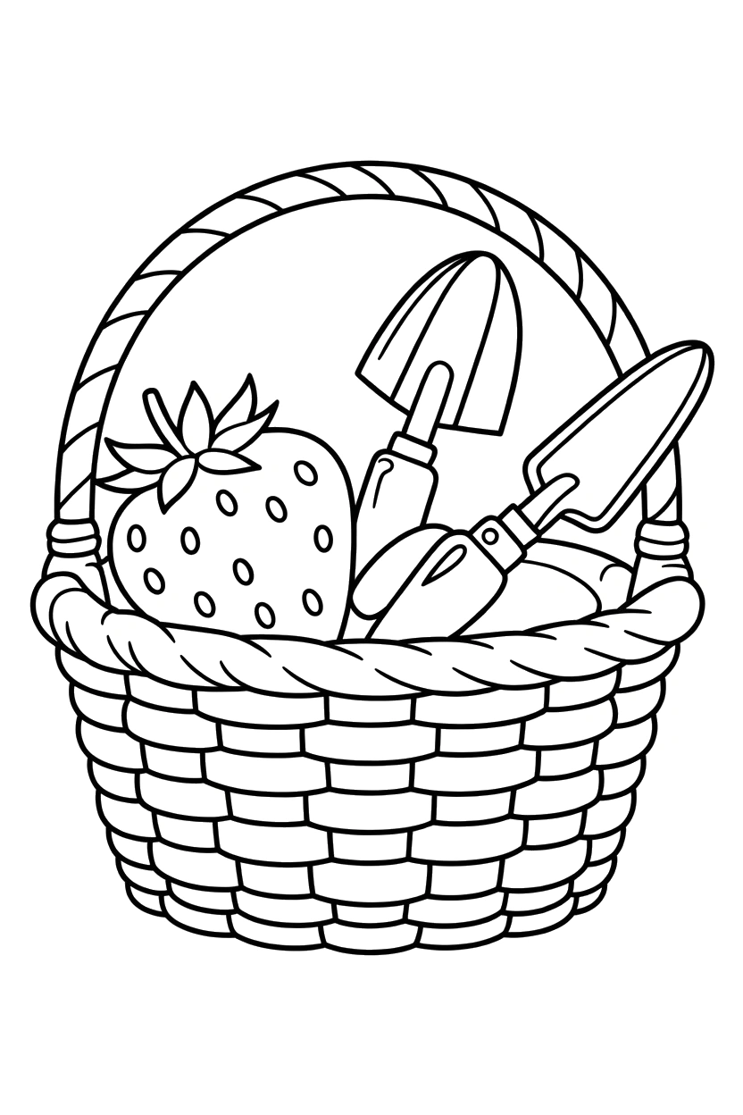 basket strawberry garden scene coloring page