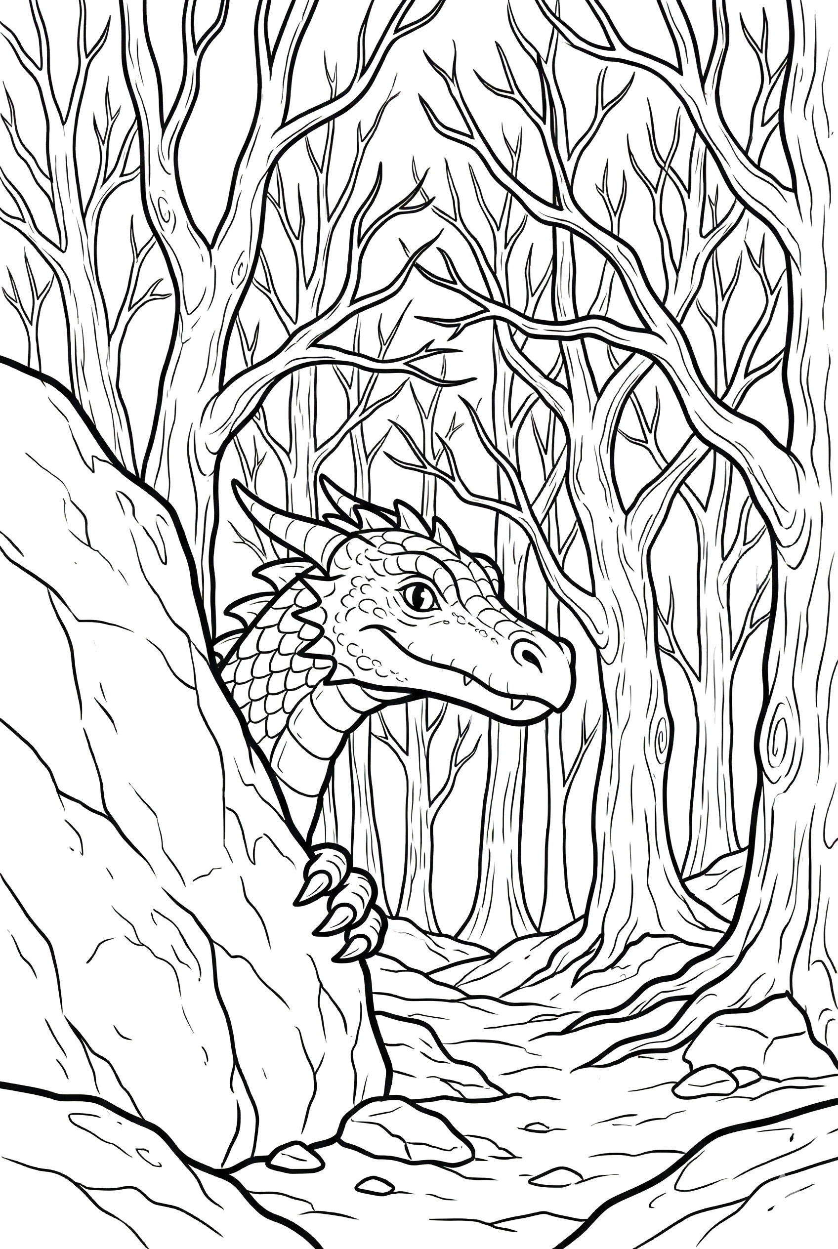 boulder forest dragon peeking drawing Dragon Coloring Pages