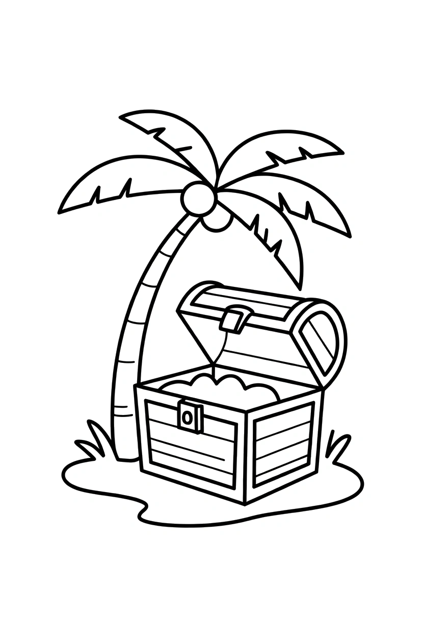 chest resting against palm tree coloring pages