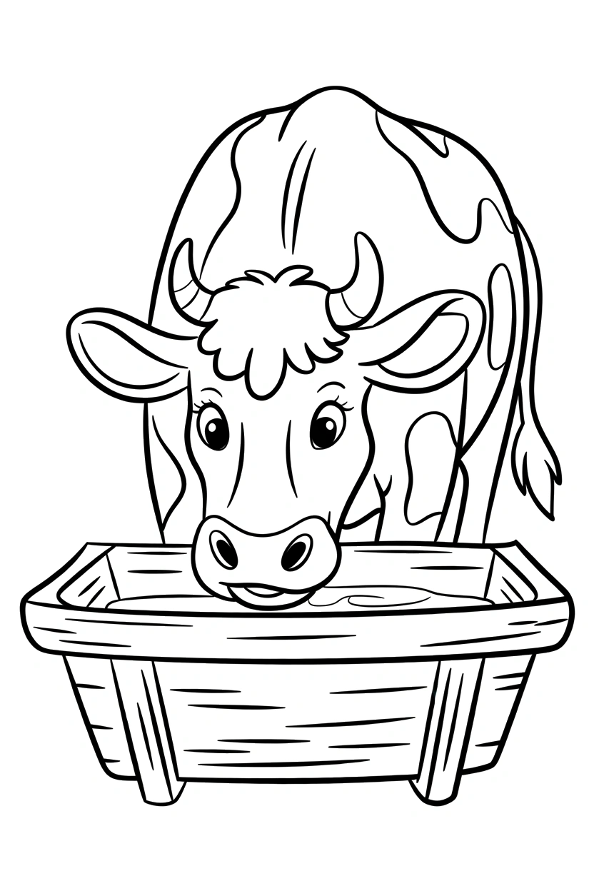 cow reaching wooden trough coloring pages