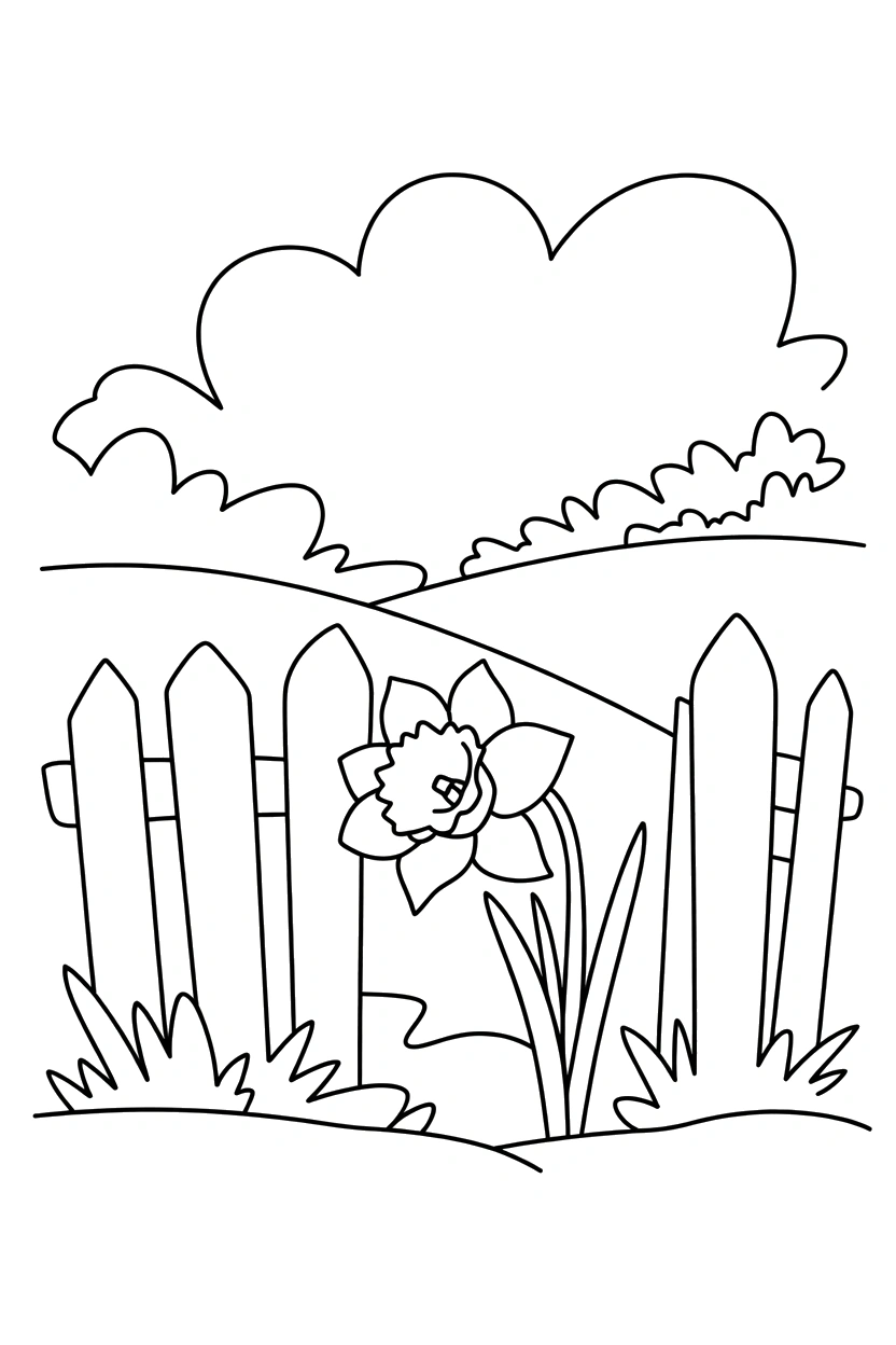 daffodil peeking fence coloring pages