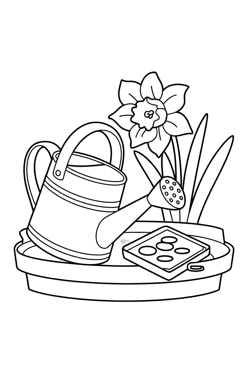 daffodil peeking watering can printable sheet