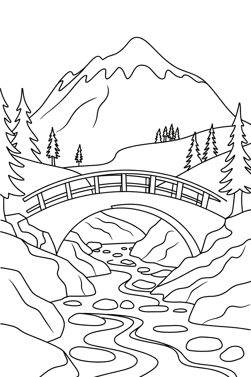 footbridge stream scene coloring pages