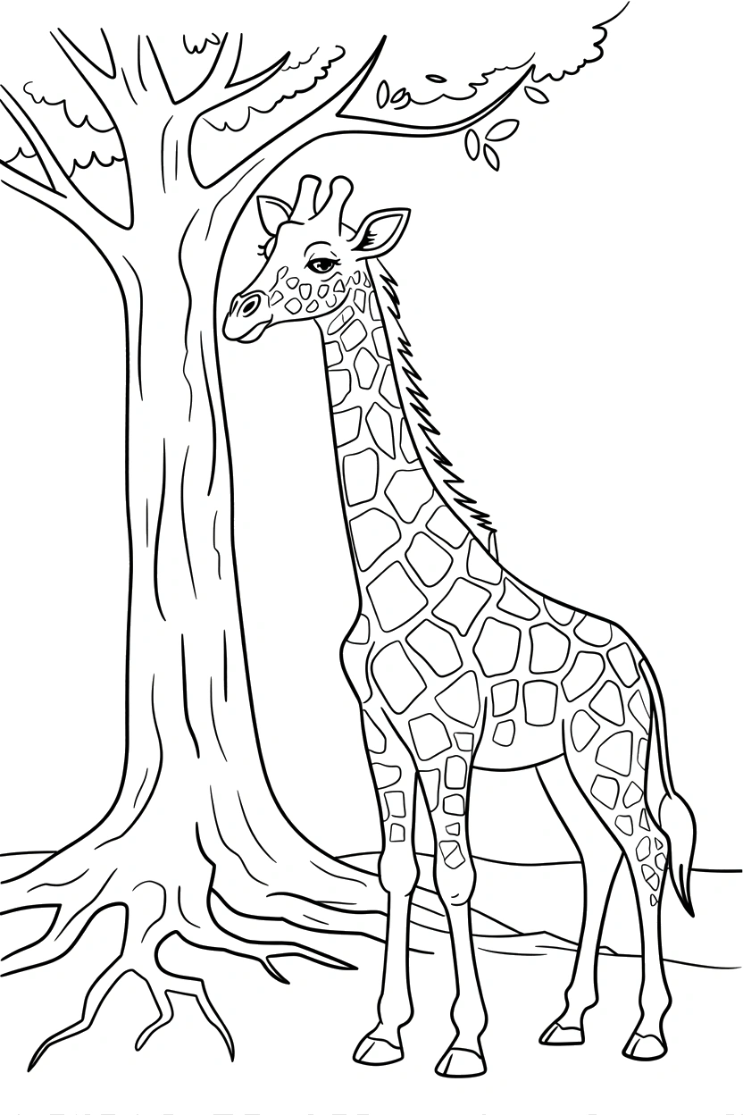 giraffe beside tree trunk coloring pages
