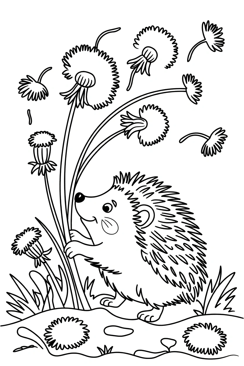 hedgehog leaning dandelion stem coloring pages