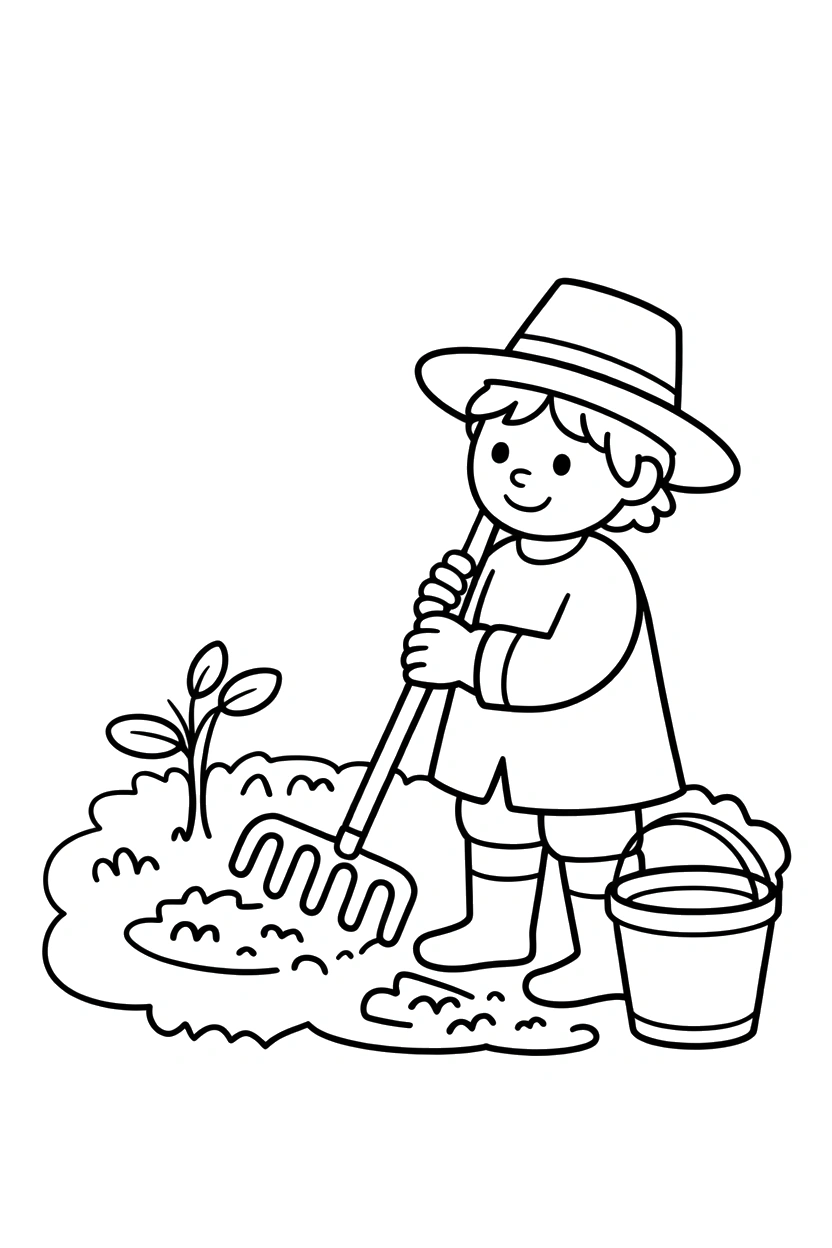 holding pilgrim hand rake garden plot drawing