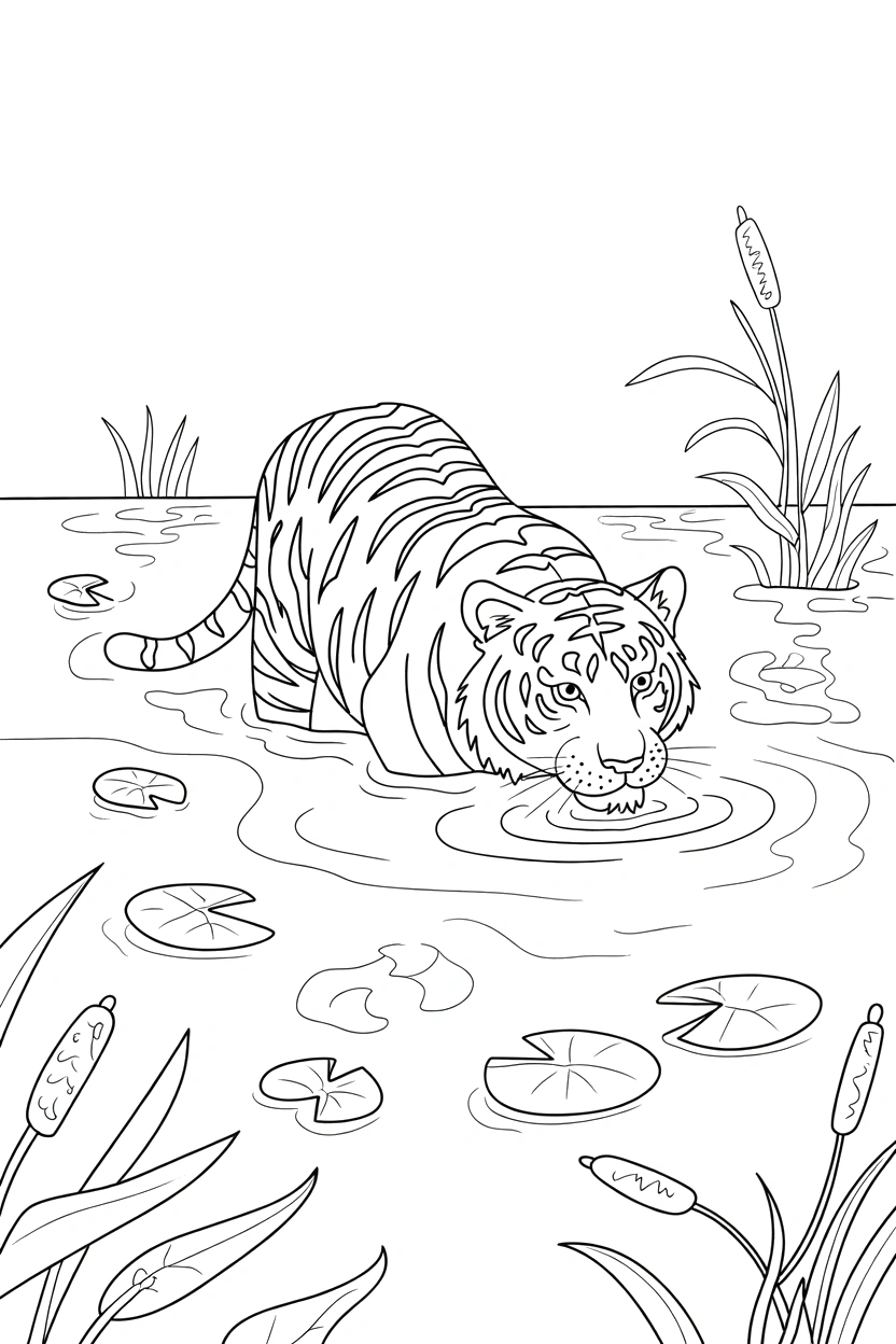 holding tiger drinking pond lily pads drawing