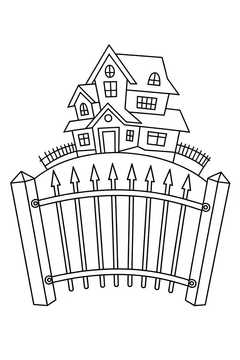 iron gate with spikes haunted house coloring pages