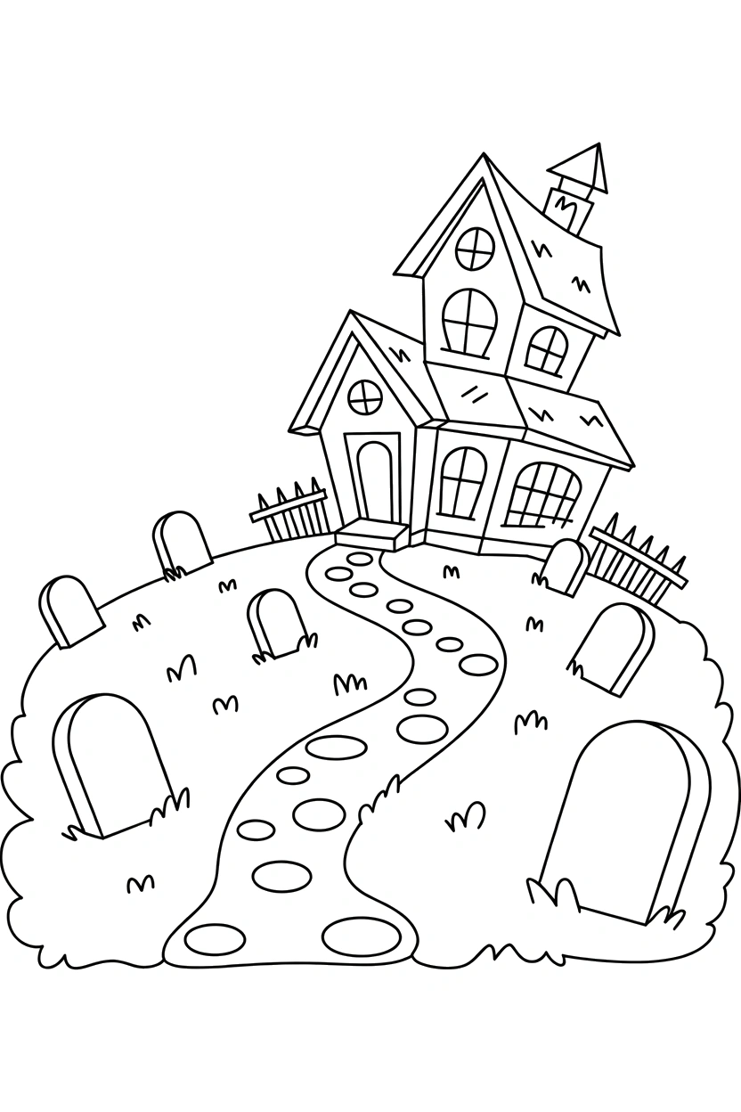 leaning haunted house graveyard tombstones drawing