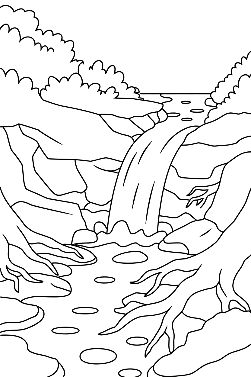 leaning waterfall through tree roots drawing