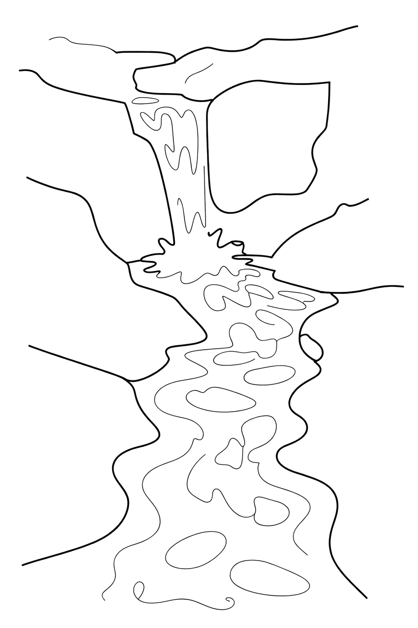 narrow channel waterfall scene drawing