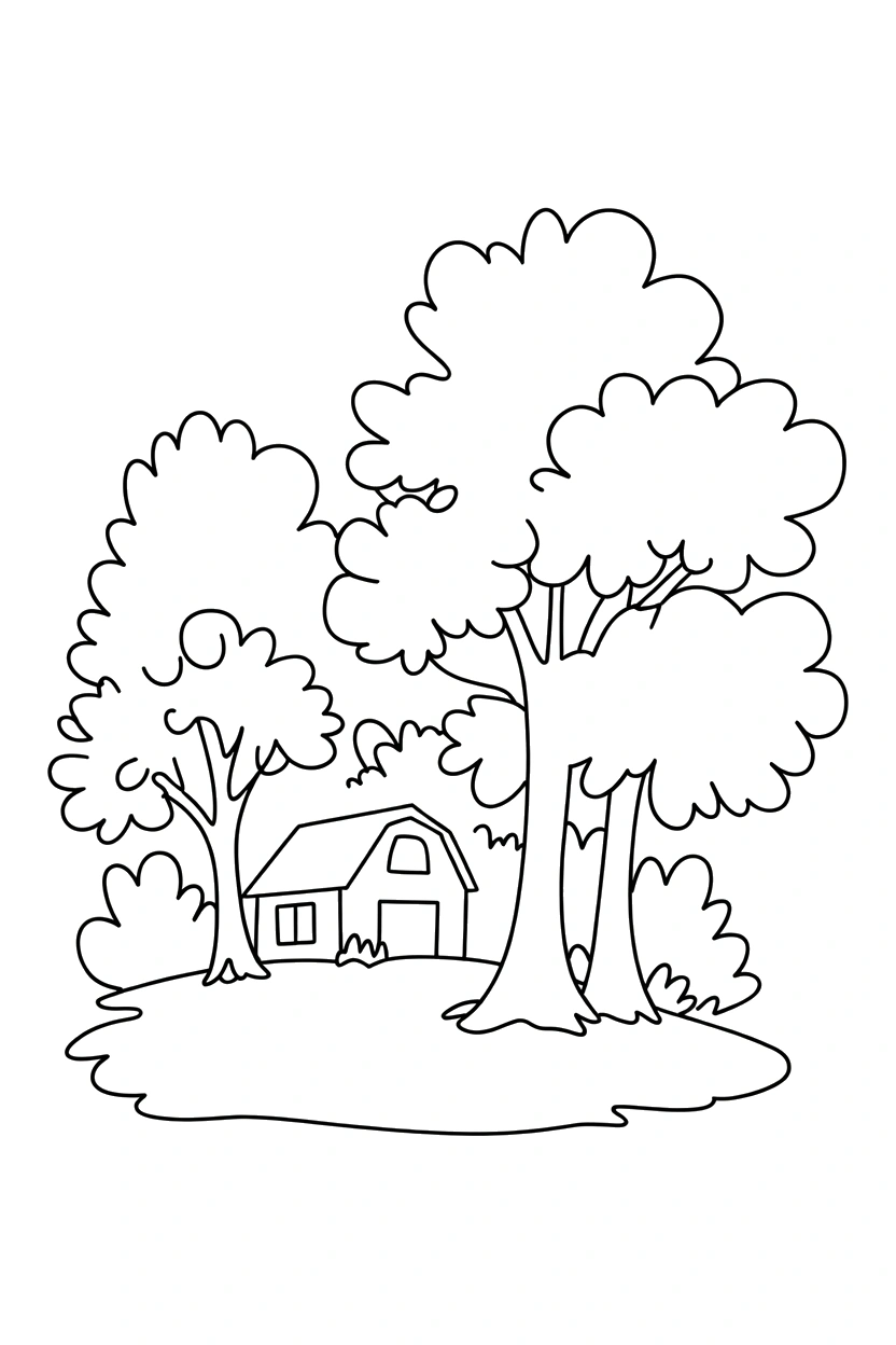 peeking barn tall trees drawing