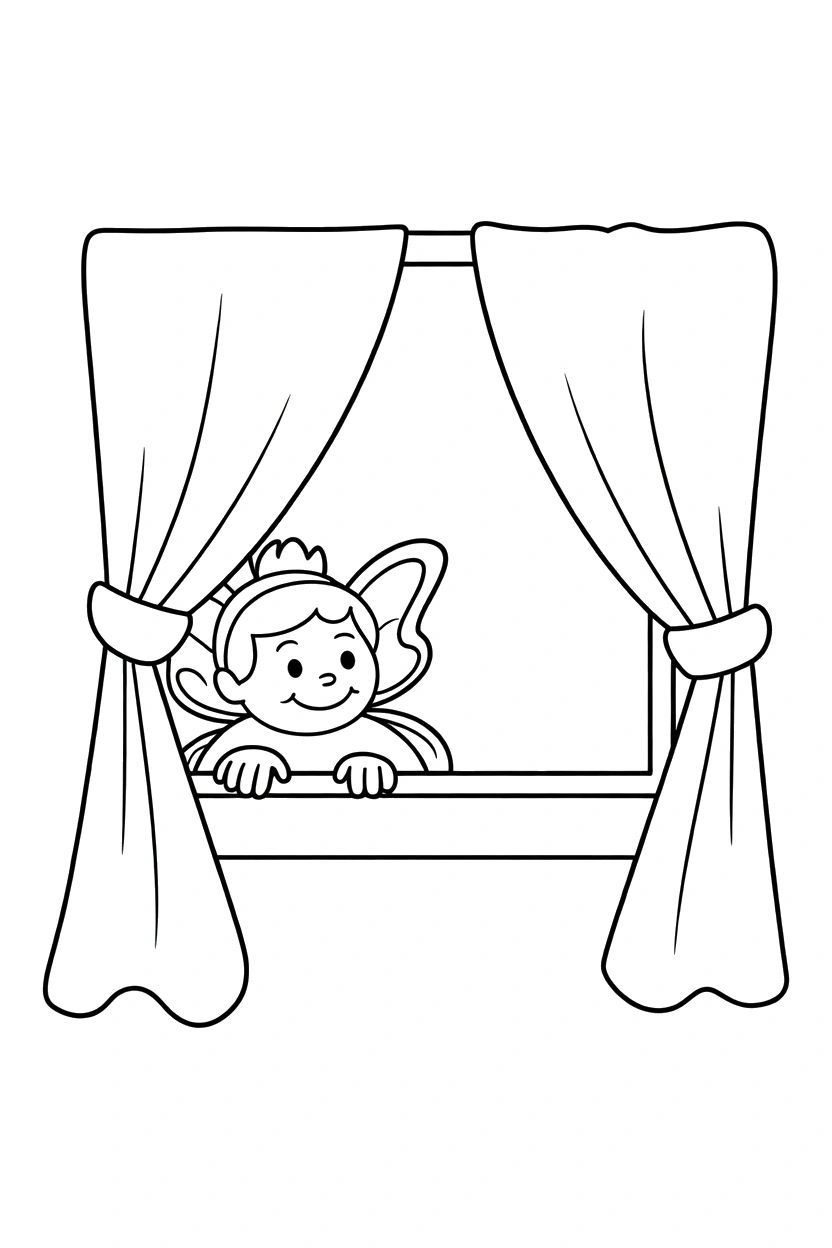 peeking curtains open window drawing