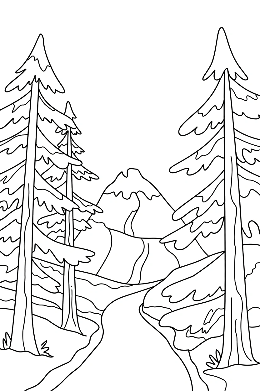 peeking mountain forest path coloring pages