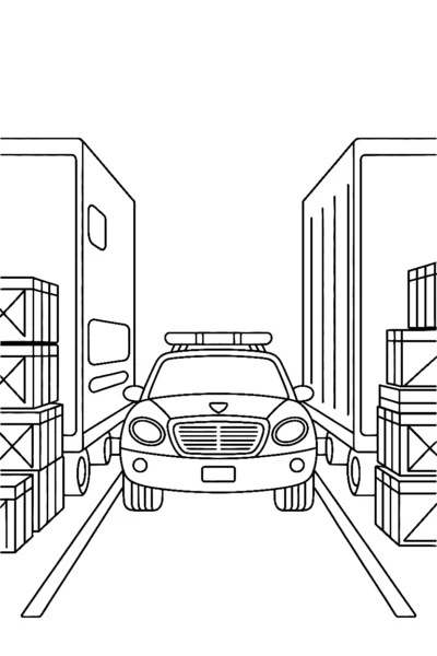 police car peeking delivery trucks coloring pages