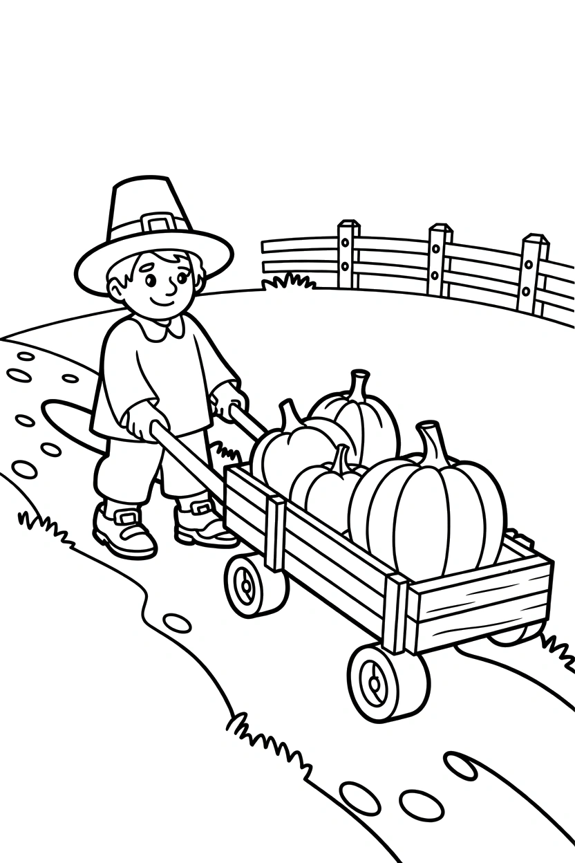 pulling pilgrim handcart pumpkins coloring pages