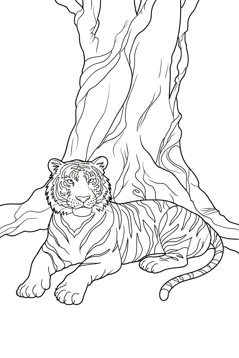resting tiger banyan tree roots drawing