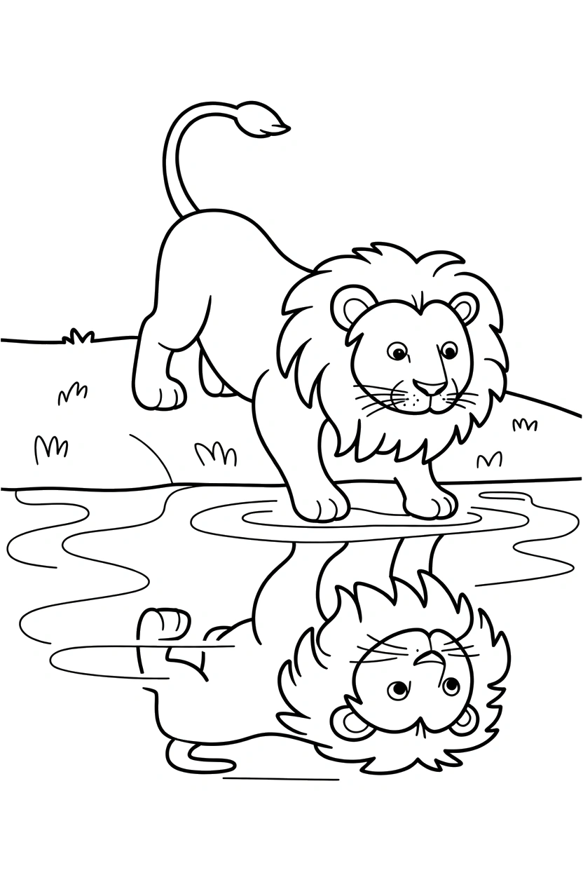 stream reflection lion leaning coloring pages