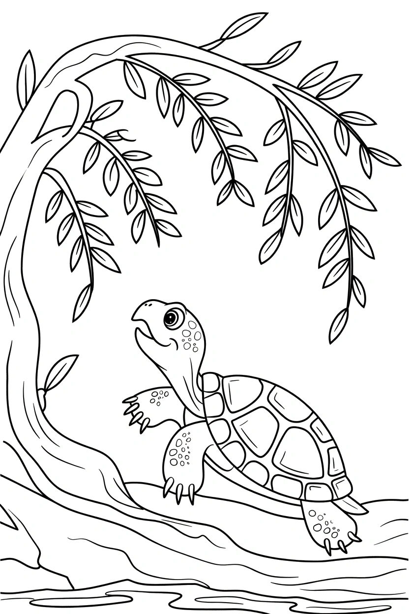 turtle reaching willow branches coloring pages