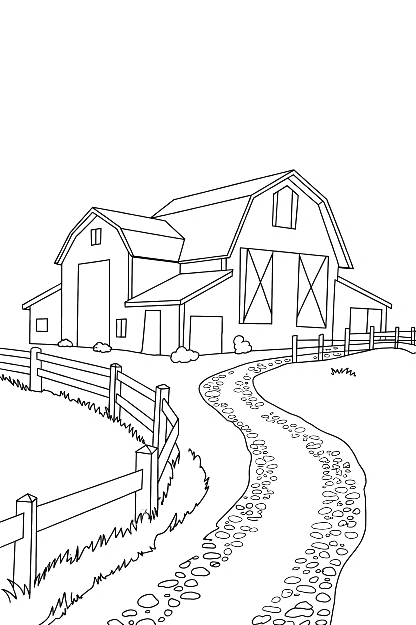 two barns stacking gravel path drawing