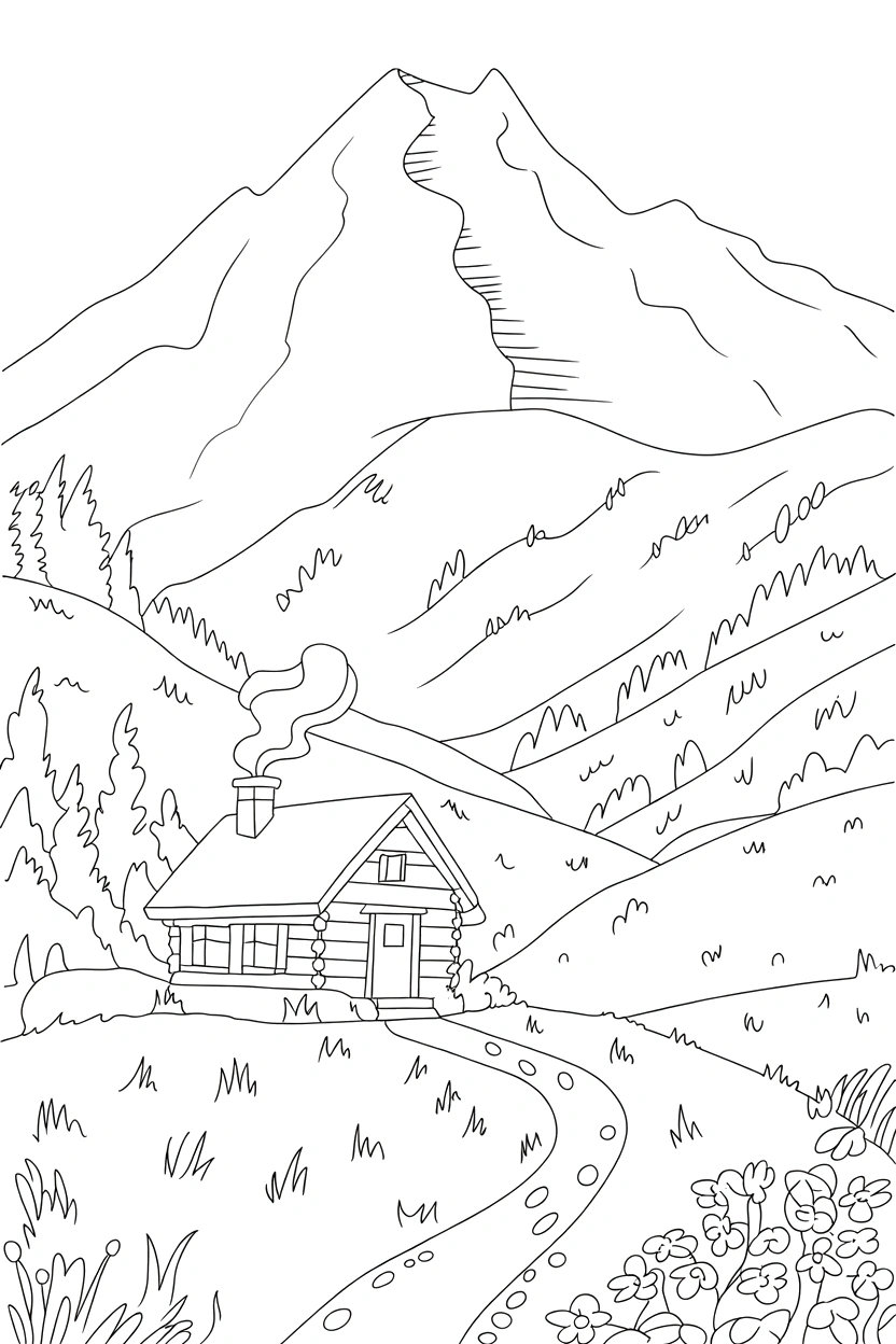 valley cabin with slope mountain coloring pages