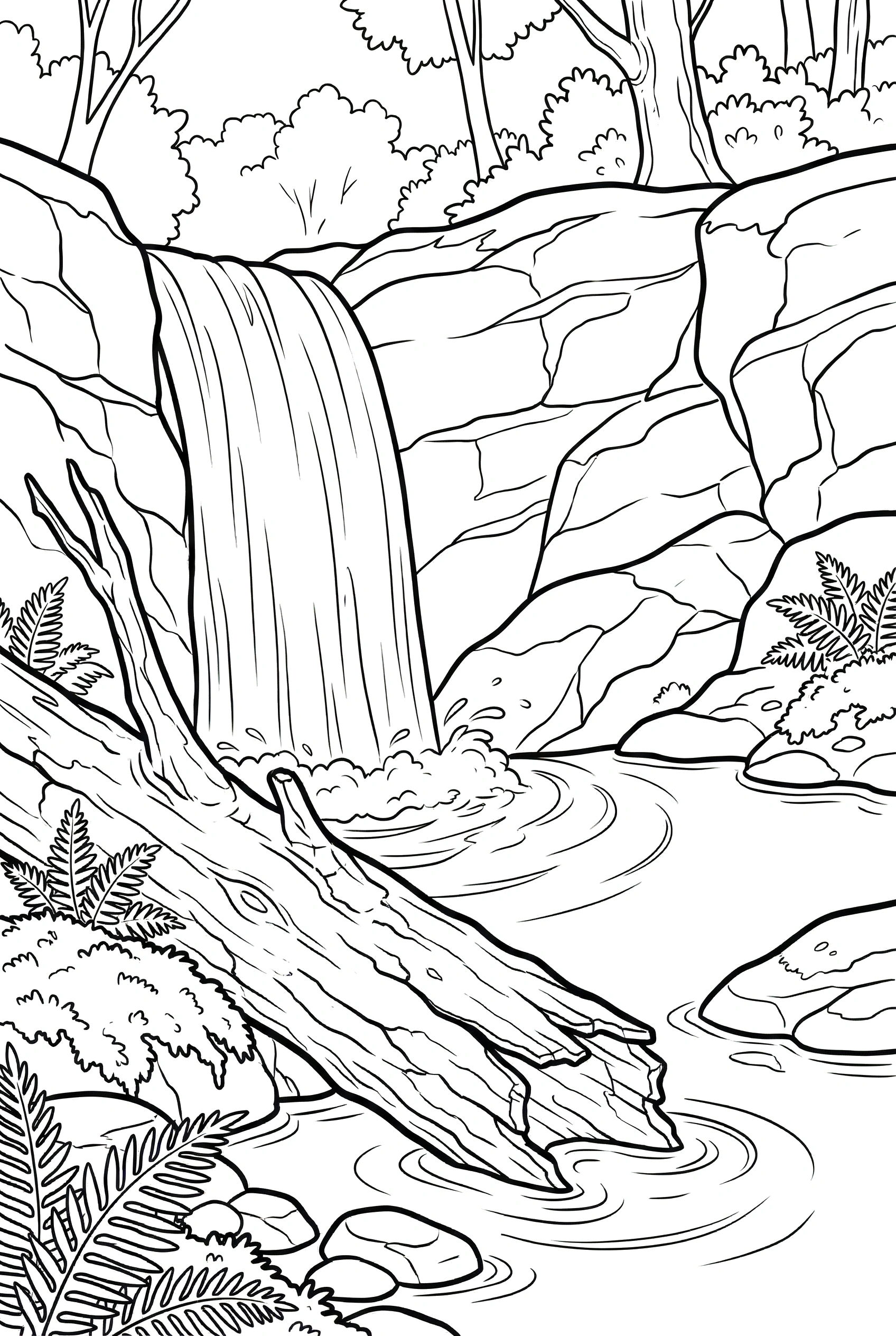 waterfall beside fallen log printable sheet