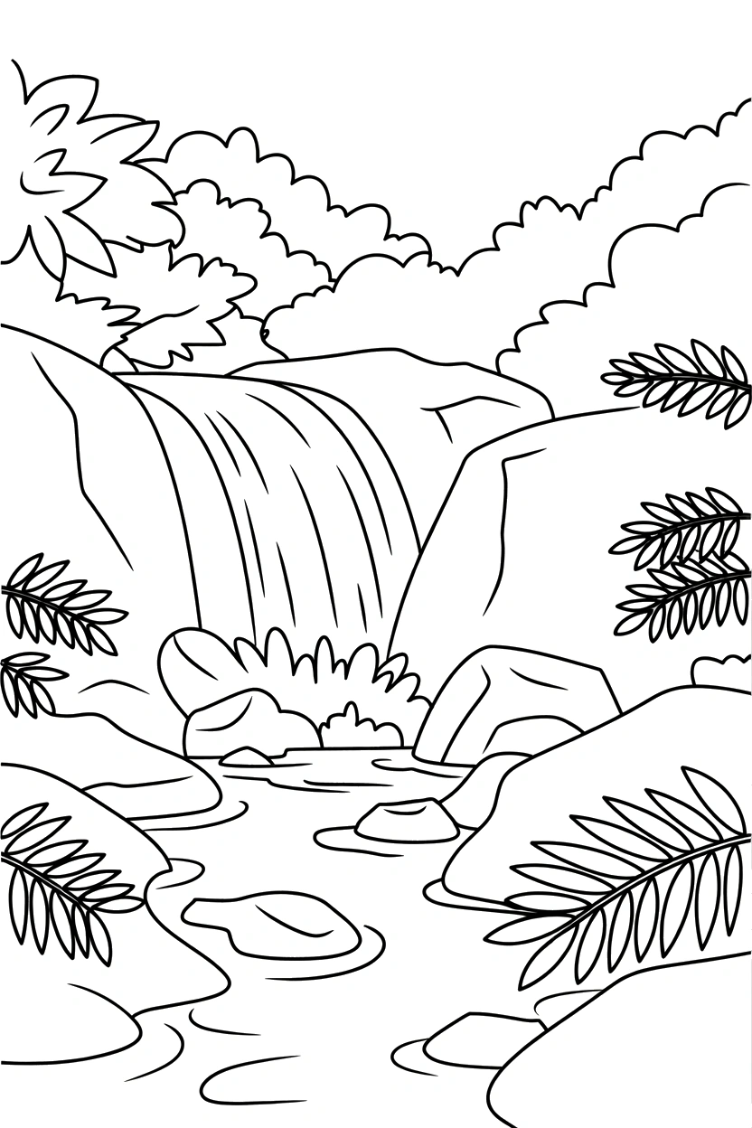 waterfall peeking behind boulder printable sheet