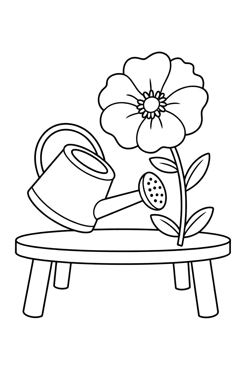 watering can bench poppy drawing