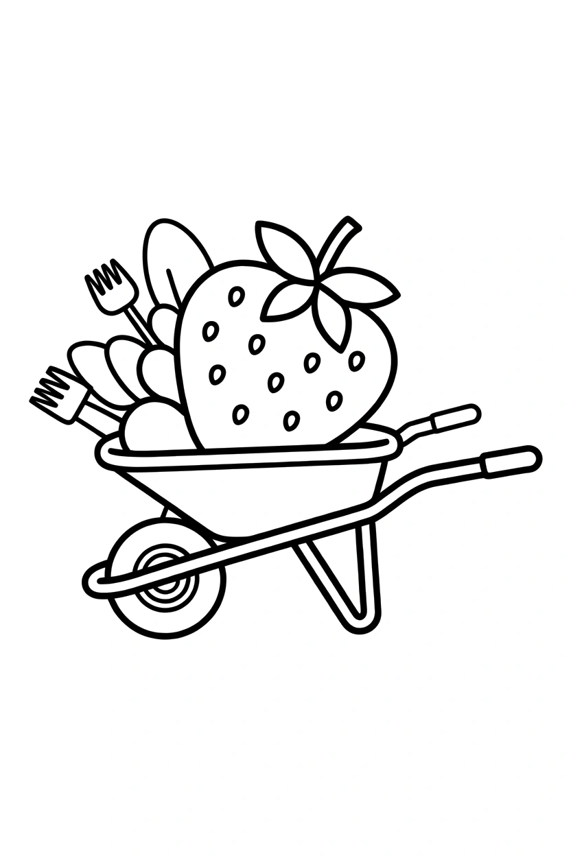 wheelbarrow scene with strawberry coloring sheets
