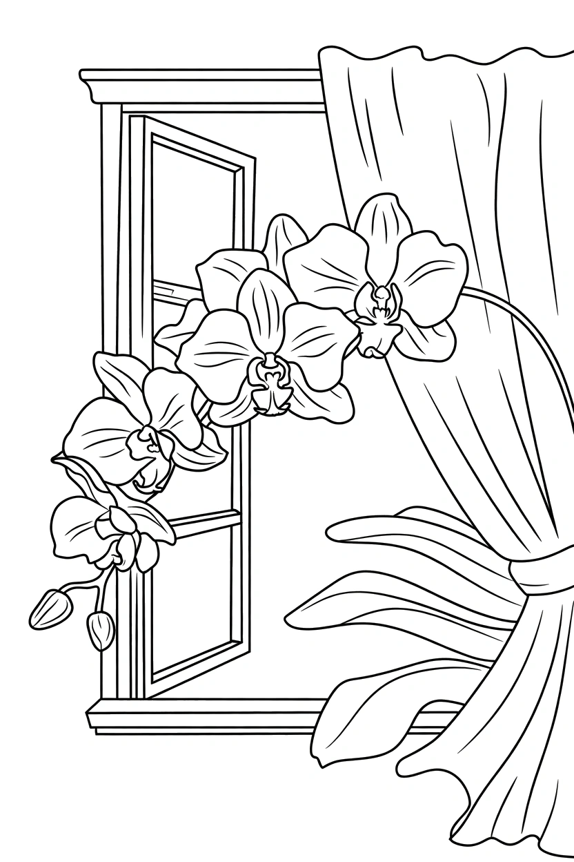 window frame leaning orchid curtain drawing window frame leaning orchid curtain drawing