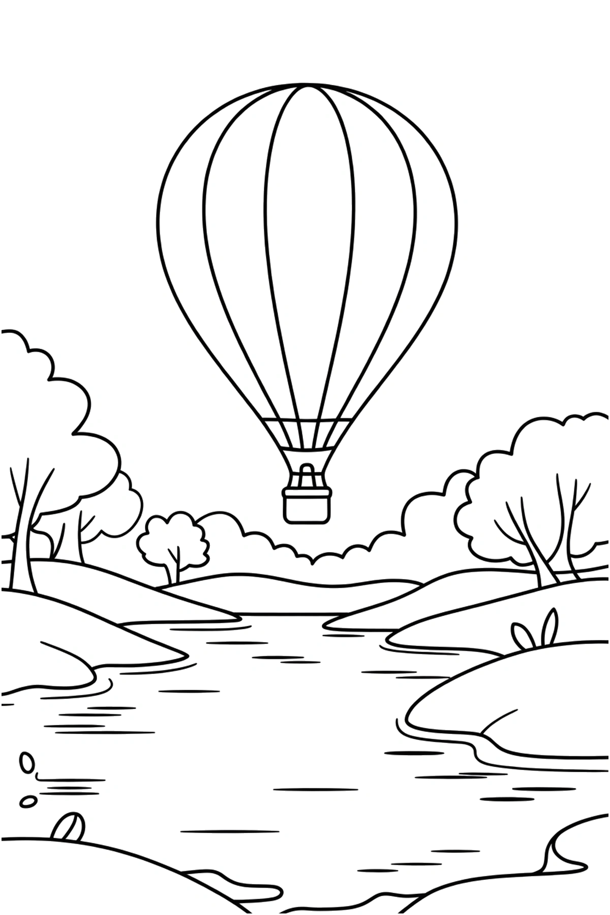 lake hot air balloon shore coloring page
