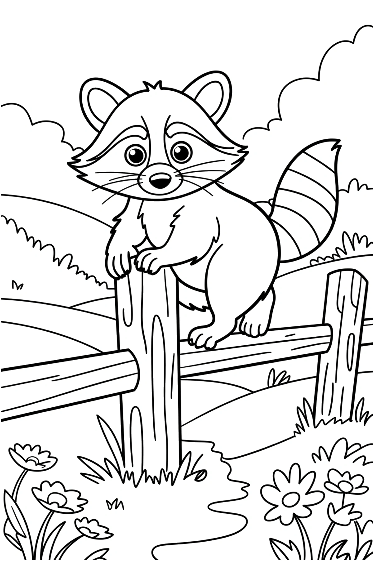 raccoon coloring sheets fence meadow